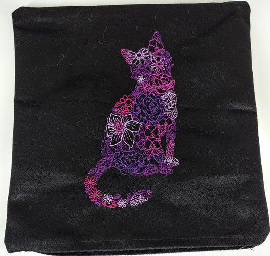 Embroidered Pillow Cover - Floral Feline