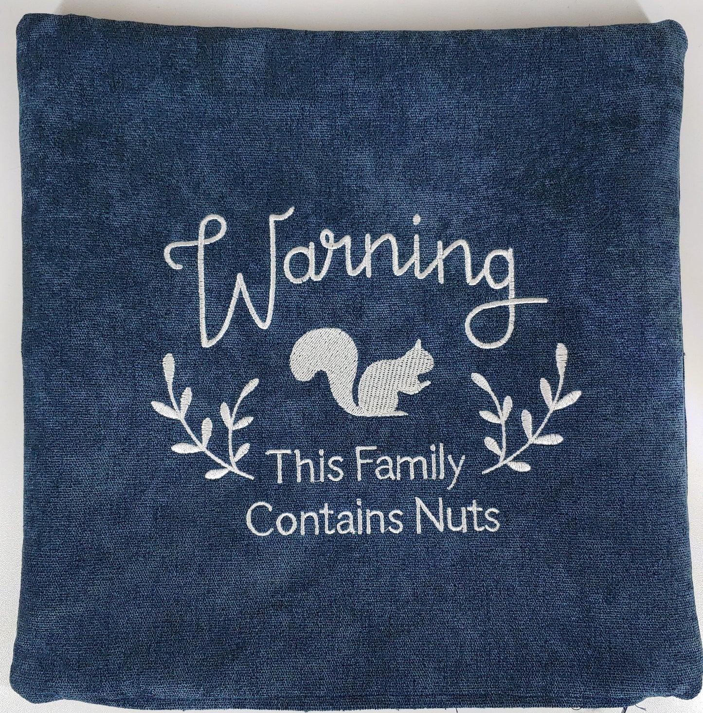 Embroidered Pillow Cover - Warning This Family Contains Nuts